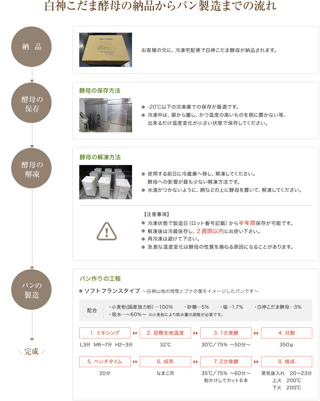 白神こだま酵母の納品からパン製造までの流れ